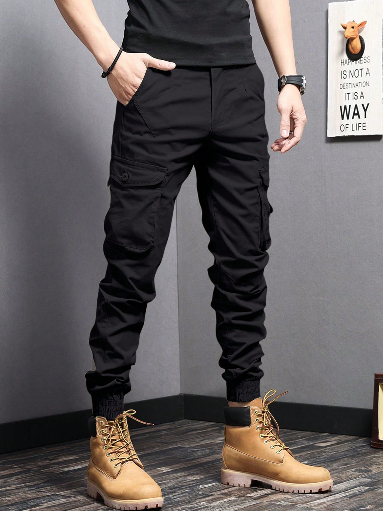 TECCULI Manfinity Homme Men Flap Pocket Side Cargo Pants, Back To School