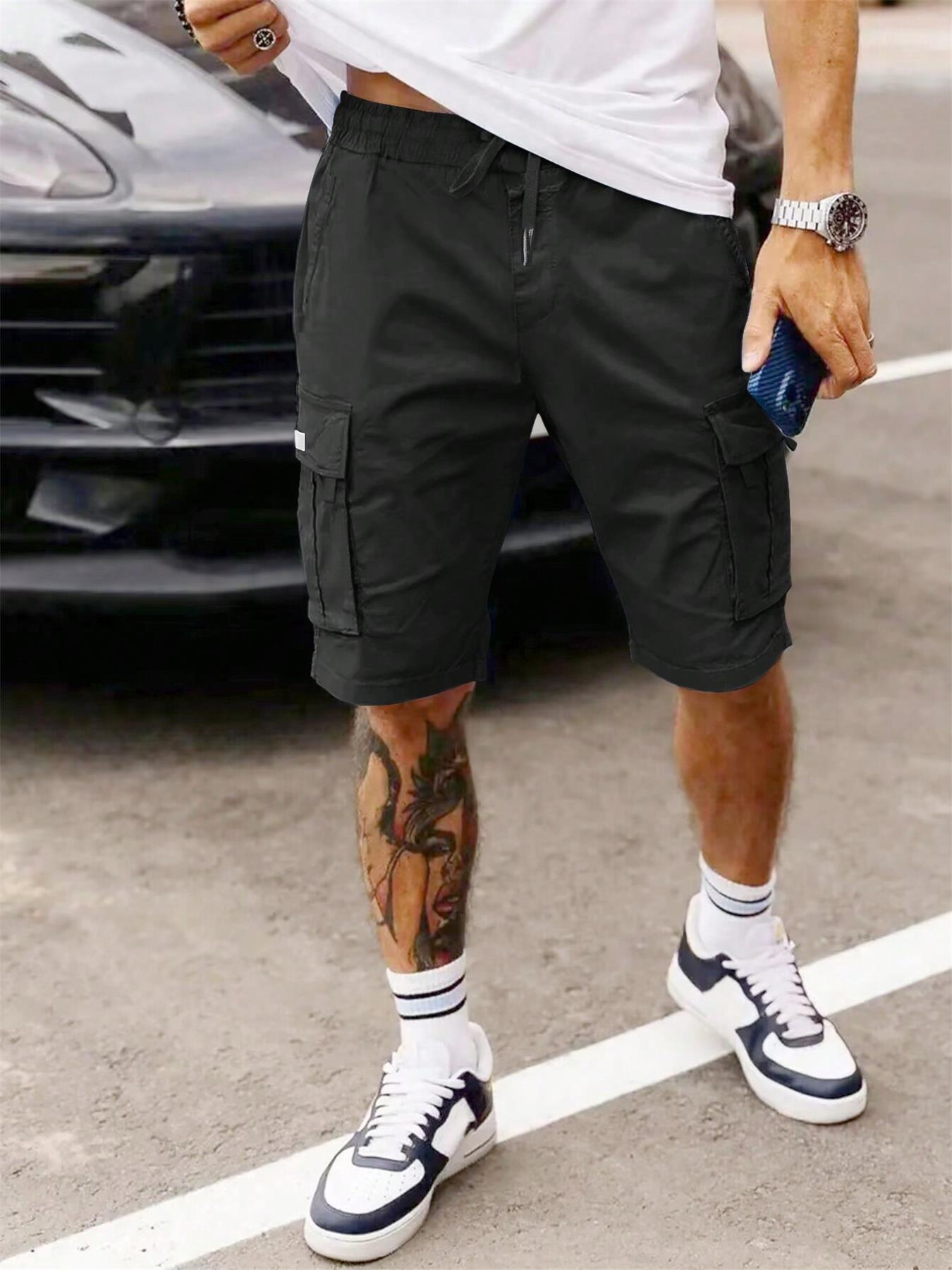 Pantalones cortos cargo informales TECCULI para hombre - Verde oliva, cintura con cordón, múltiples bolsillos, tela no elástica para correr, senderismo, ciclismo, pesca y actividades al aire libre.