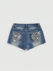 ROMWE Pantalones cortos vaqueros con bordado de cruz y diamantes de imitación para mujer, estilo grunge punk, estilo Gyaru, estilo retro de verano, para la escuela