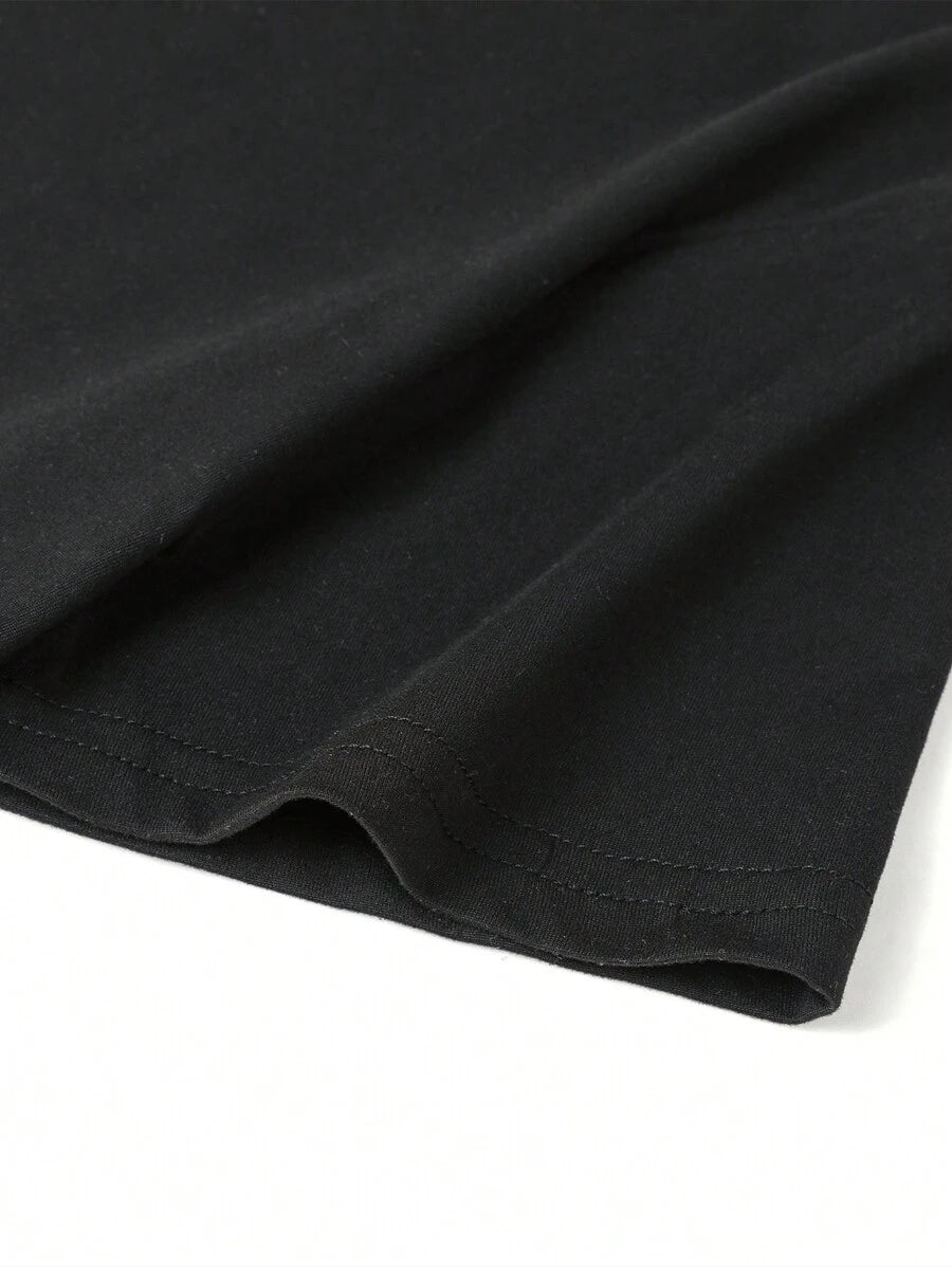 Camiseta informal de manga corta con cuello redondo y estampado de texto en inglés para niño preadolescente, color negro, para verano