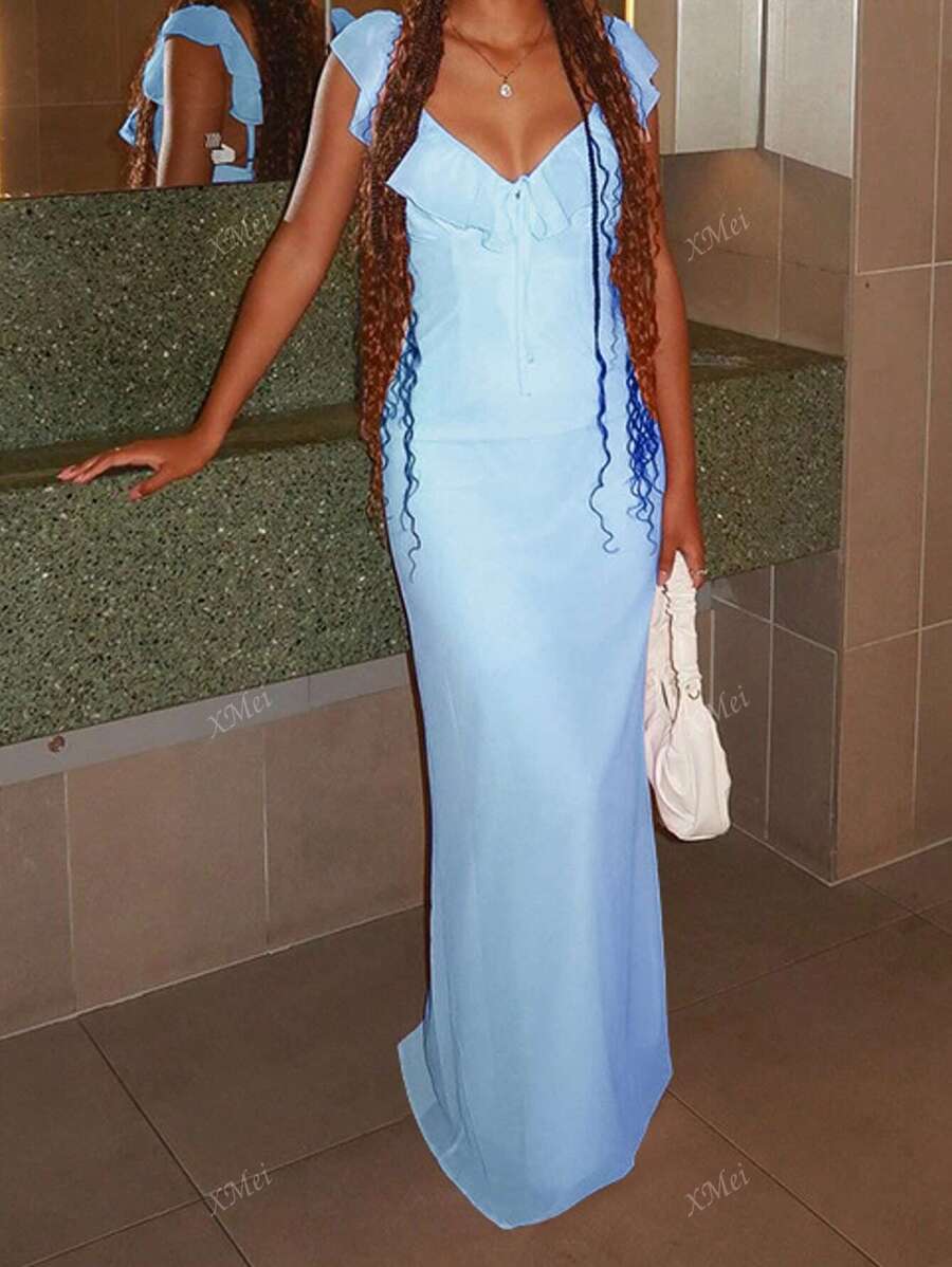 Vestido minimalista sexy con volantes y cordones, ajustado y elástico.