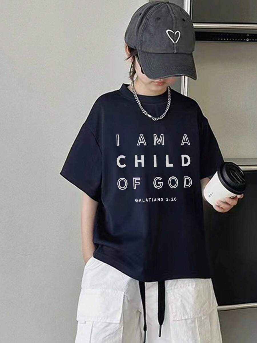 Camiseta informal de manga corta con cuello redondo y estampado de letras azules para niño preadolescente, verano