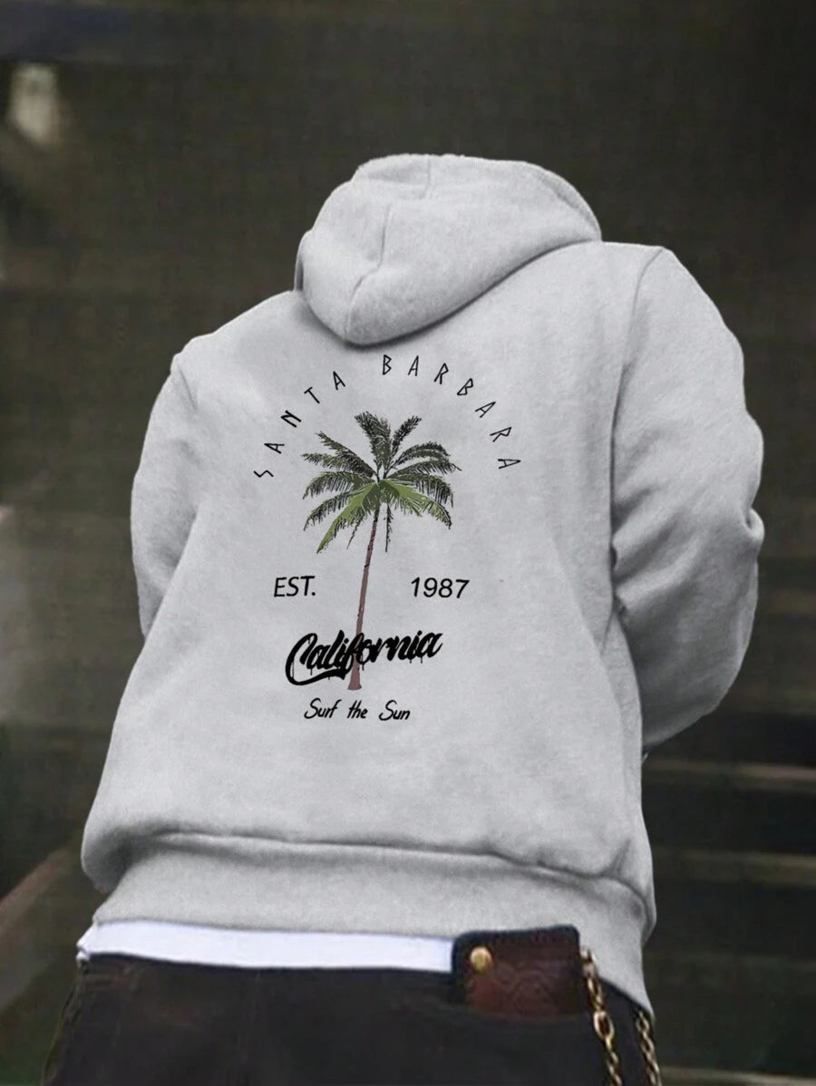 Sudadera informal con capucha para niño preadolescente con estampado de cocoteros, forro térmico grueso para otoño e invierno, ideal para niños activos.