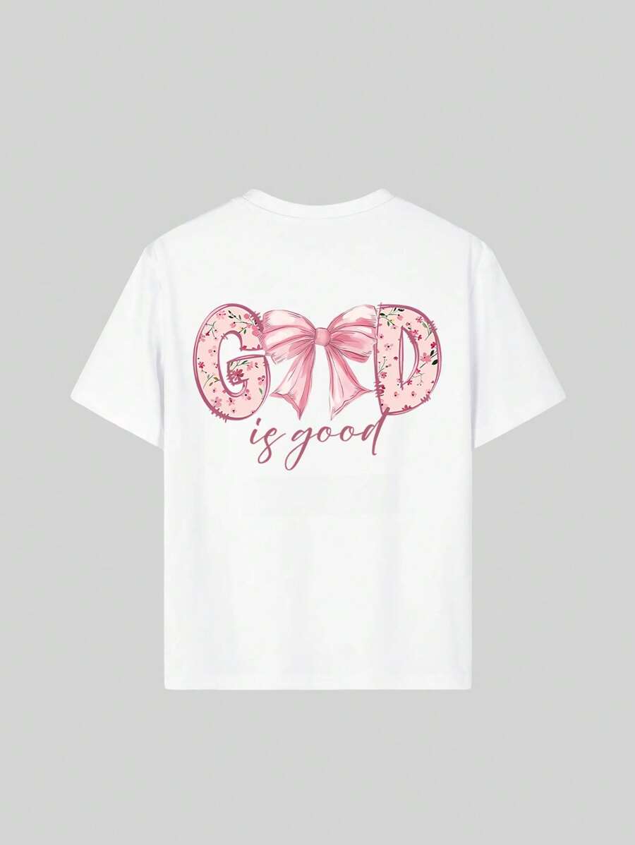 Camiseta informal de manga corta con cuello redondo y estampado divertido para niñas preadolescentes, top de verano