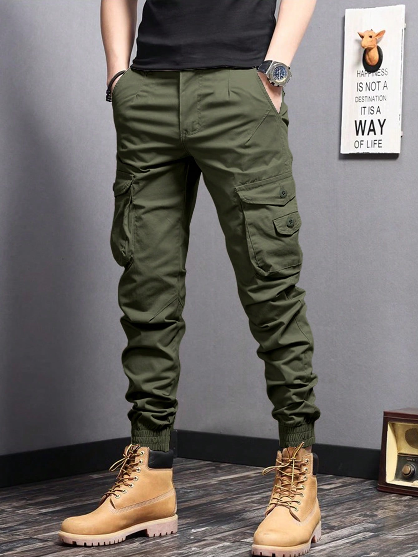 TECCULI Manfinity Homme Men Flap Pocket Side Cargo Pants, Back To School