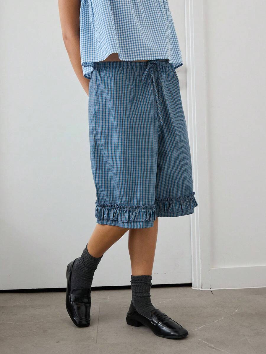 COUREZ Check Frill Bermuda Shorts Summer Outfits For Women Summer Dresses Going Out Outfits Casual Y2K Vacation Holiday 100%Cotton 100%Cotton Vintage