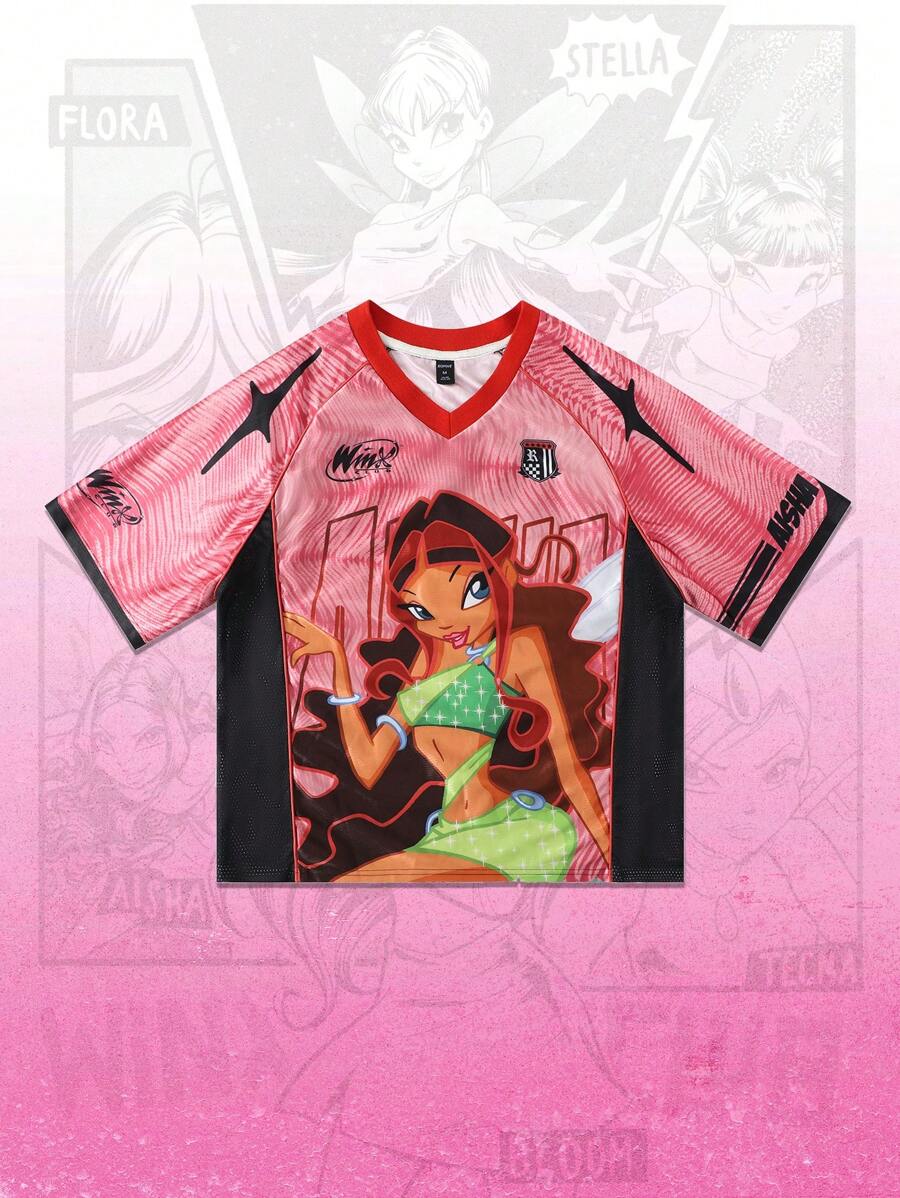 ROMWE MEN Winx Club X ROMWE - Camiseta deportiva de manga corta con diseño de anime y bloques de color, malla y gráfico, para hombre