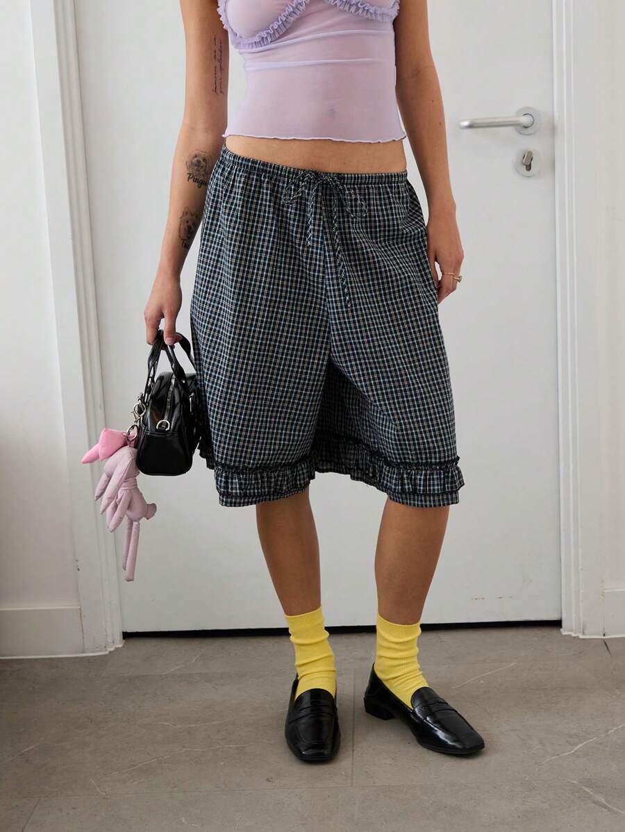 COUREZ Check Frill Bermuda Shorts Summer Outfits For Women Summer Dresses Going Out Outfits Casual Y2K Vacation Holiday 100%Cotton 100%Cotton Vintage
