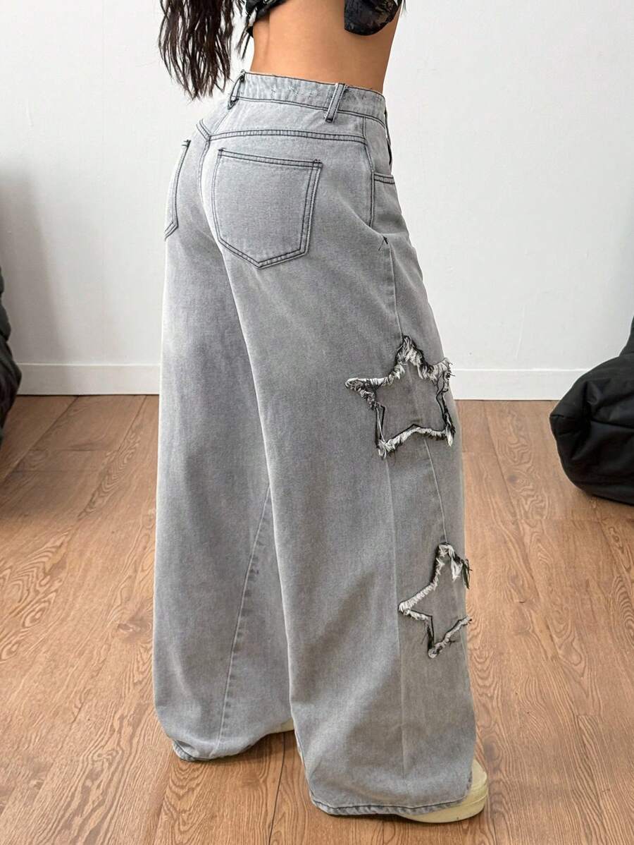 Vaqueros lavados Coolane para mujer, estilo rapero, estilo deportivo, estilo grunge con estampado de estrellas