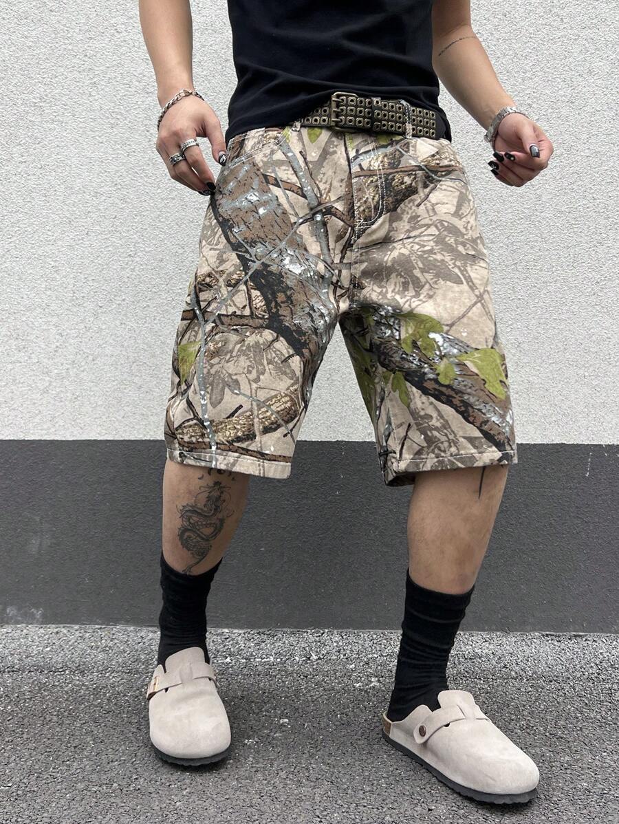 Pantalones cortos vaqueros holgados Manfinity LEGND para hombre, estilo casual, con estampado de ramas de árbol, camuflaje verde, ideal como regalo para esposo o novio.