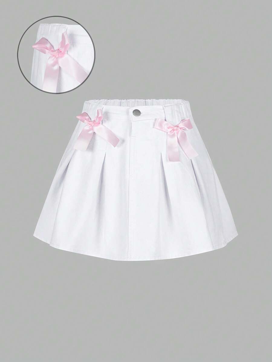 Falda vaquera lavada plisada azul claro, informal, versátil y de moda para niñas preadolescentes con lazo rosa