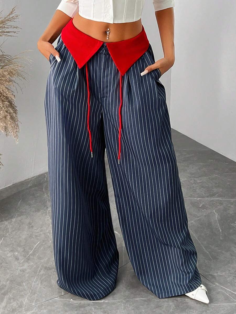 Pantalones anchos y holgados con rayas de colores contrastantes para mujer SXY