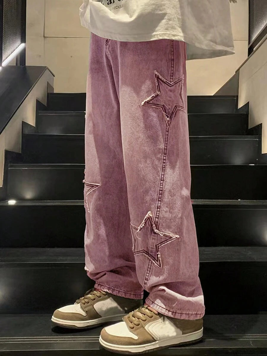 ROMWE MEN Vaqueros casuales con parches de estrellas en color liso y bolsillos, estilo urbano, para la escuela