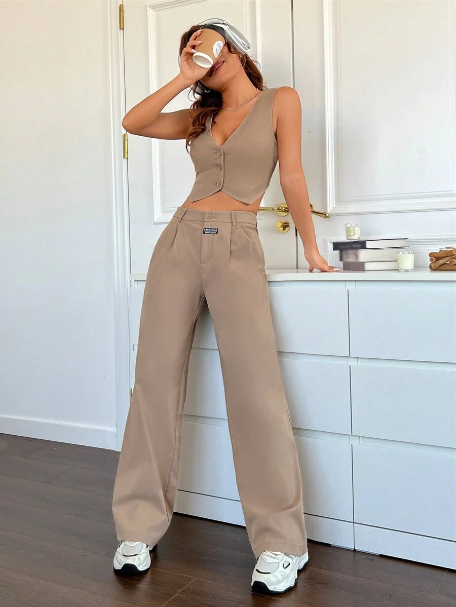 Conjunto de traje de lino de verano para mujer de EZwear, con chaleco y pantalón largo holgado, de un solo pecho y color liso