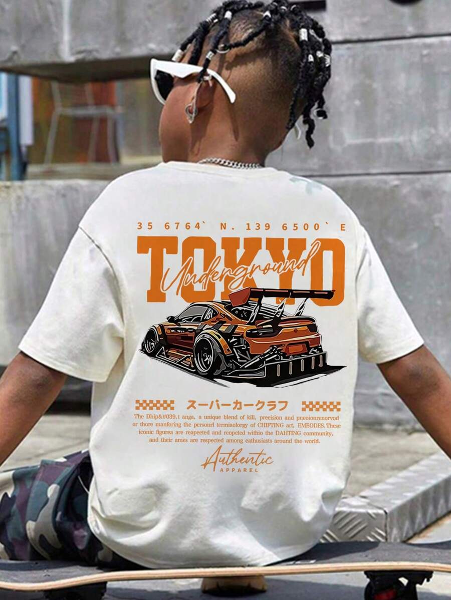 Camiseta de manga corta con estampado de coche, ideal para preadolescentes y estudiantes de verano.
