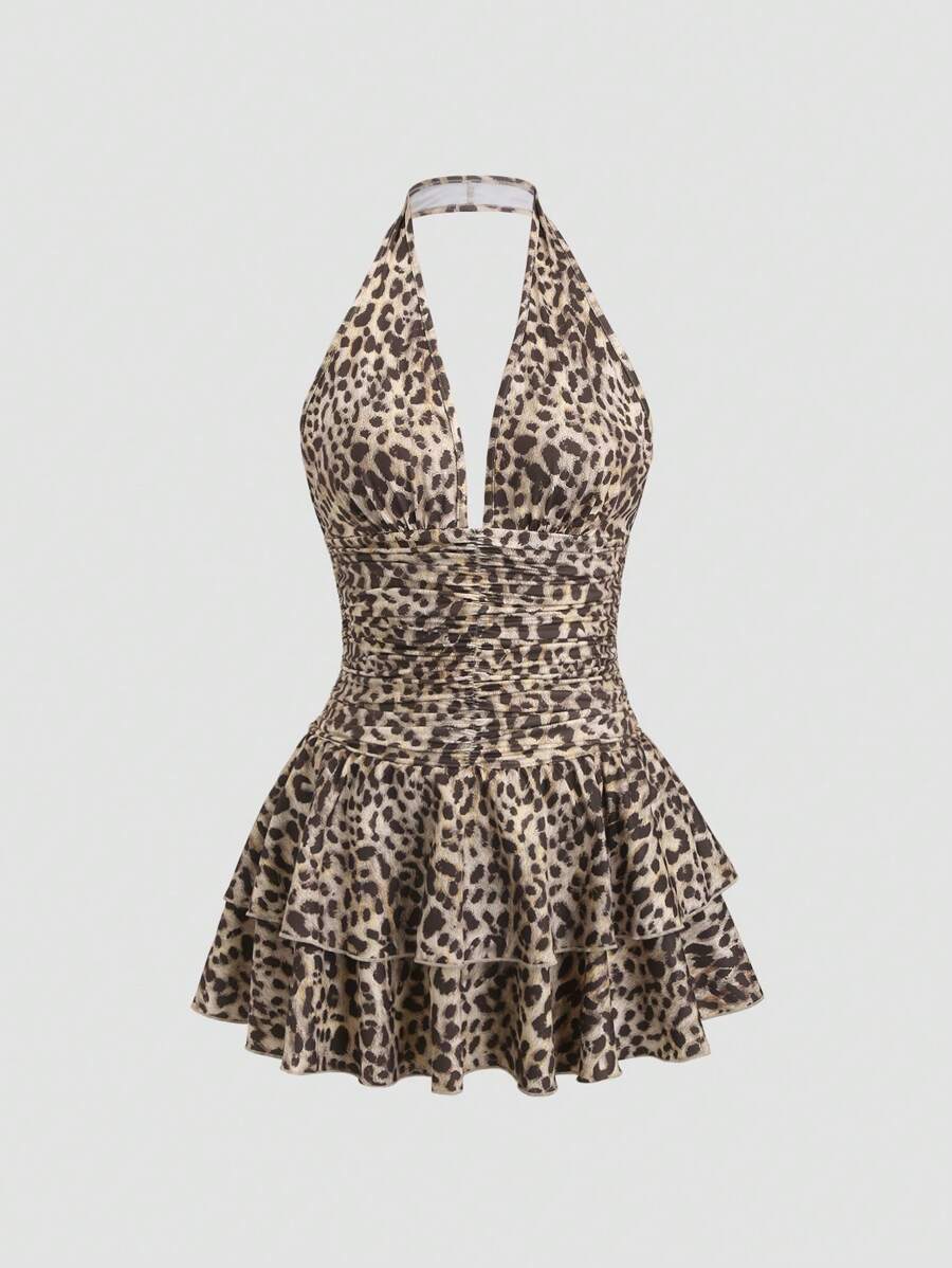 Vestido corto Sweetra de punto negro con cuello en V, espalda abierta, bajo con volantes y cintura fruncida, elegante e informal para mujer, primavera y verano.