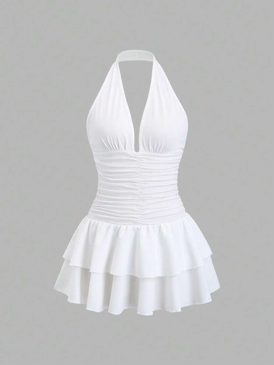 Vestido corto Sweetra de punto negro con cuello en V, espalda abierta, bajo con volantes y cintura fruncida, elegante e informal para mujer, primavera y verano.