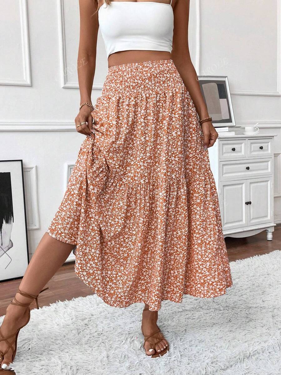 Falda larga informal con estampado floral diminuto para mujer, cintura elástica, bolsillos y bajo con volantes, corte A para verano