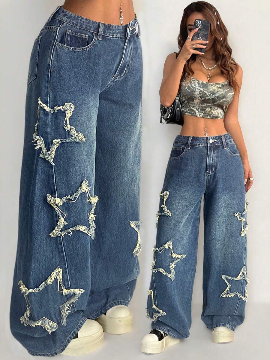 Vaqueros lavados Coolane para mujer, estilo rapero, estilo deportivo, estilo grunge con estampado de estrellas