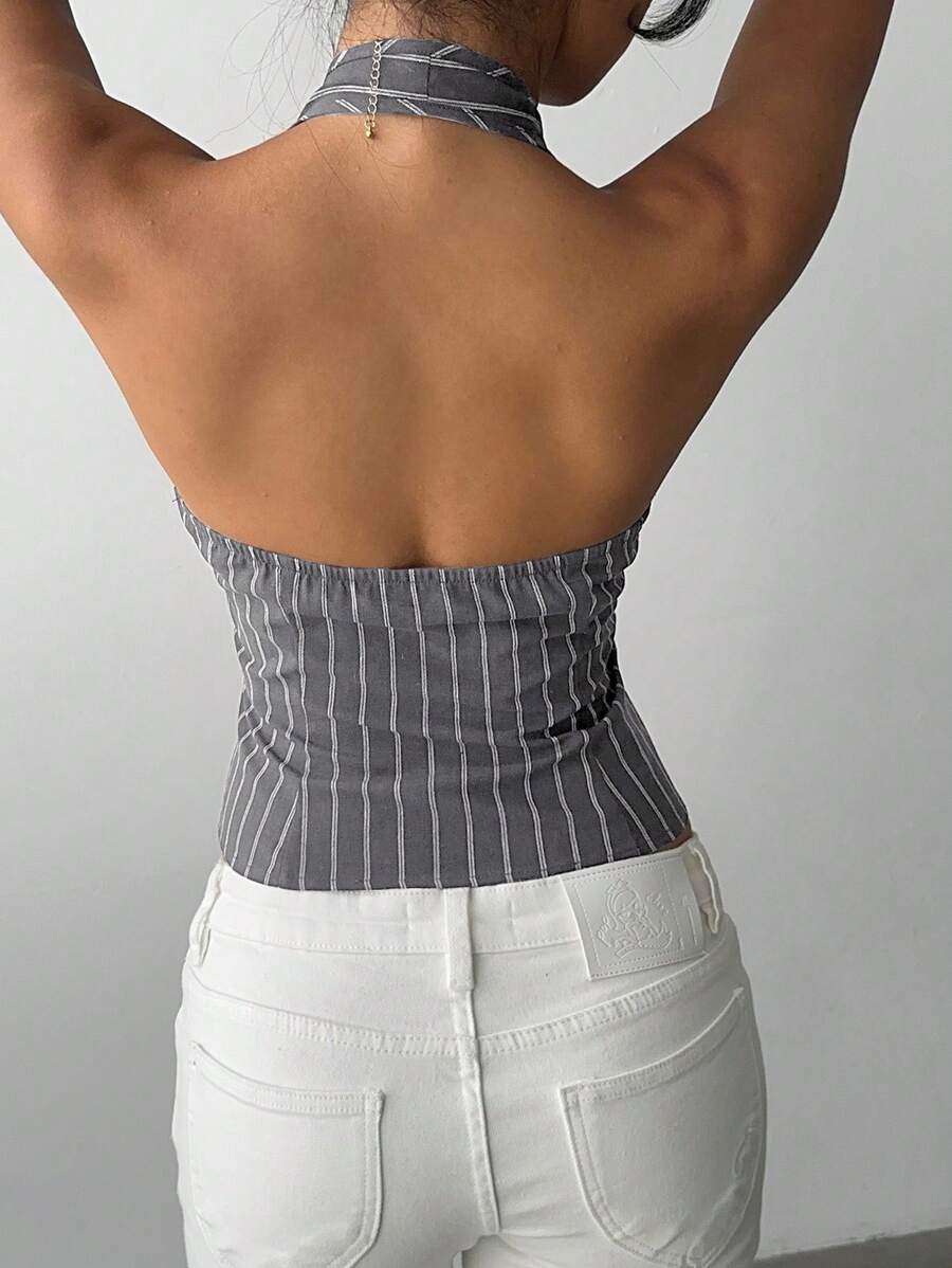 Blazer fino Aloruh de algodón a rayas con cuello alto y botonadura sencilla para mujer