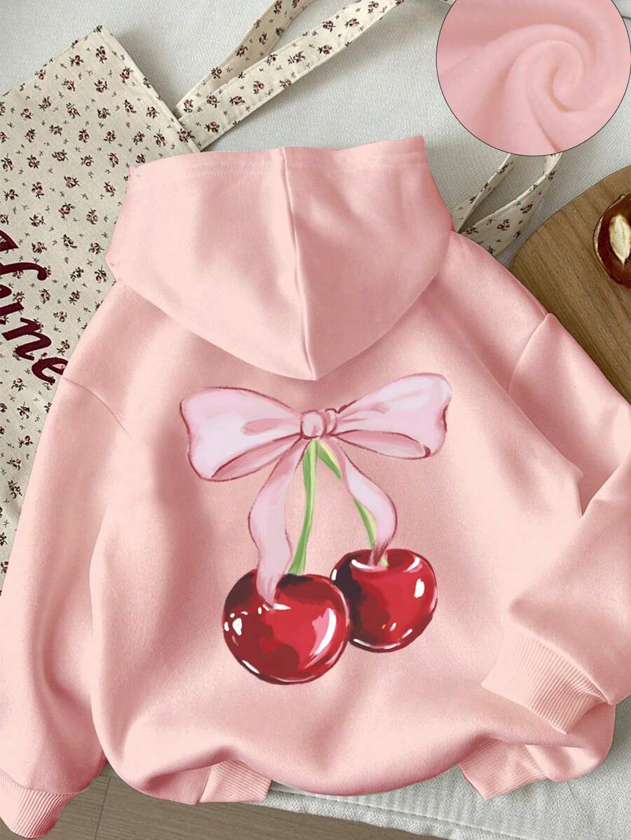 Sudadera con capucha informal de manga larga con estampado de cerezas para niñas preadolescentes, ideal para otoño e invierno.