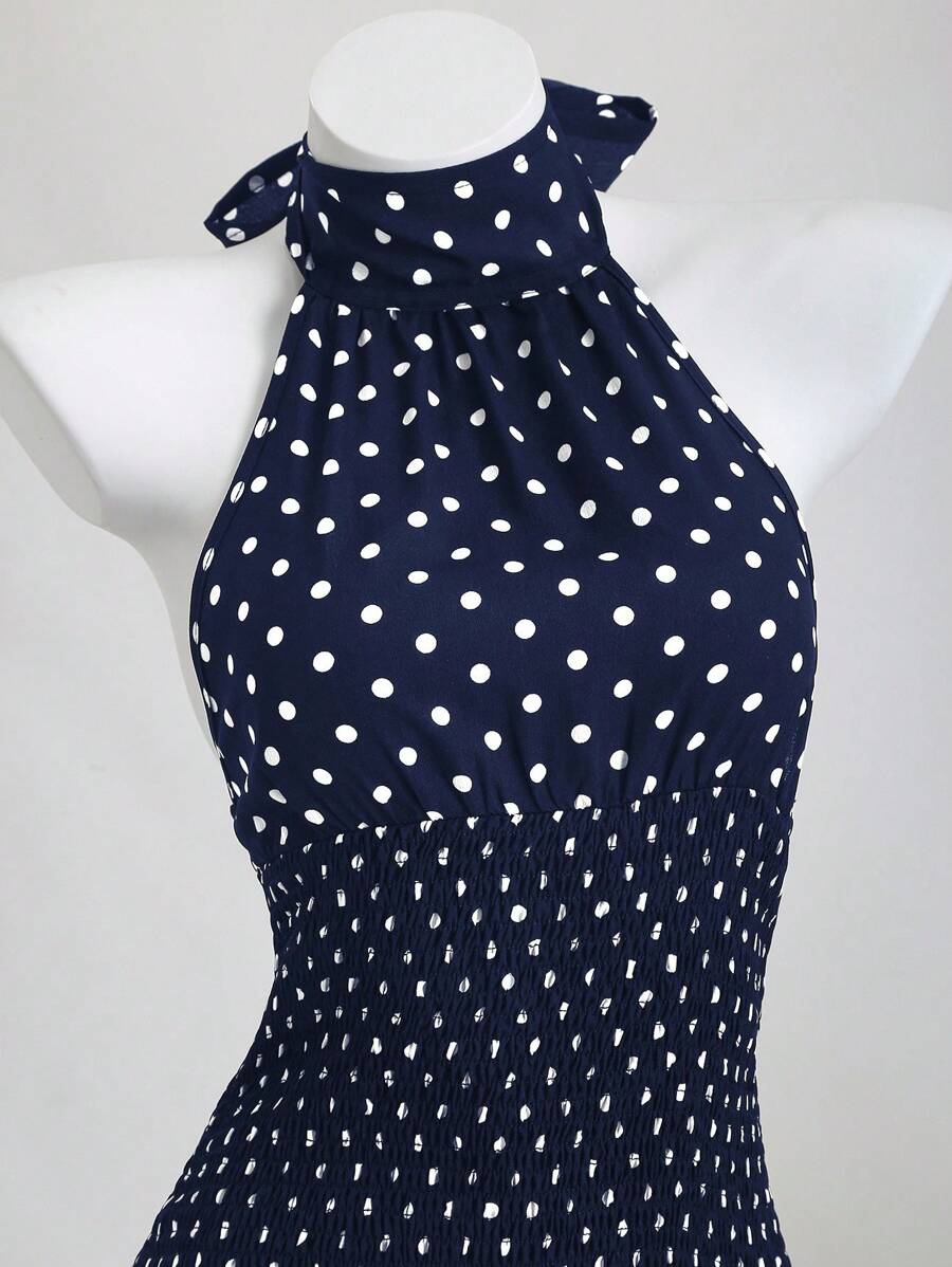 Vestido mini de lunares Elamini con cuello alto, cintura alta, abertura en la espalda, bajo anudado y volantes en contraste. Elegante y romántico para playa, salidas diarias y citas.