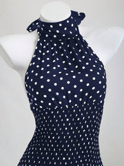 Vestido mini de lunares Elamini con cuello alto, cintura alta, abertura en la espalda, bajo anudado y volantes en contraste. Elegante y romántico para playa, salidas diarias y citas.