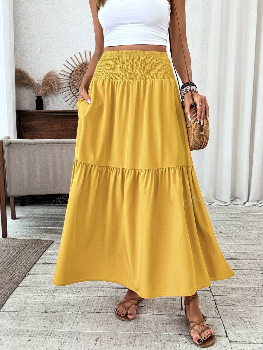 Falda larga informal con estampado floral diminuto para mujer, cintura elástica, bolsillos y bajo con volantes, corte A para verano