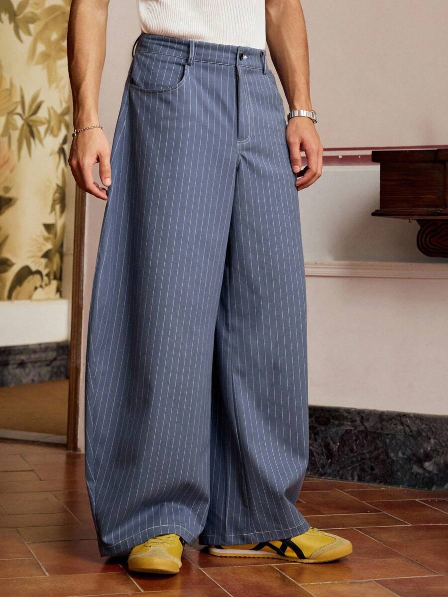 Pantalones holgados SWAVVY informales de gran tamaño con rayas azules y letras 3D bordadas para hombre, ideales para el verano y la escuela.