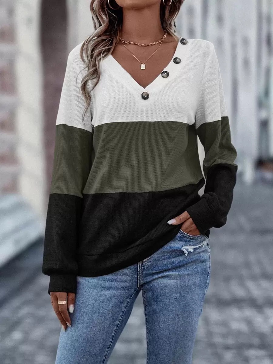 Sudadera EMERY ROSE con botones y bloques de color. Camiseta de manga larga para graduación y regreso a clases. Conjuntos para maestras.