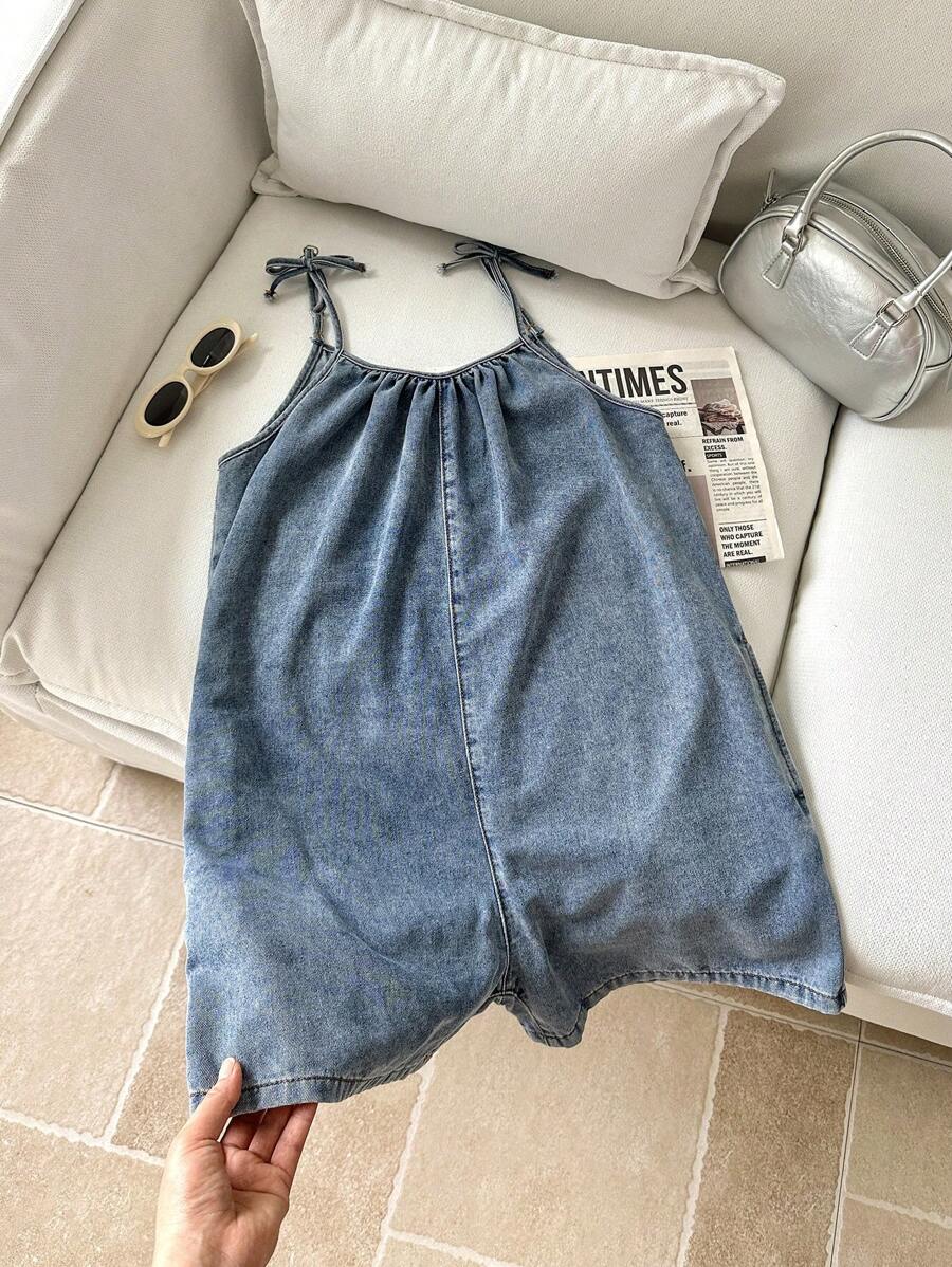 Mono de mezclilla azul holgado con lazo, estilo bohemio, cómodo y sencillo, para niñas preadolescentes, ropa de verano y primavera.