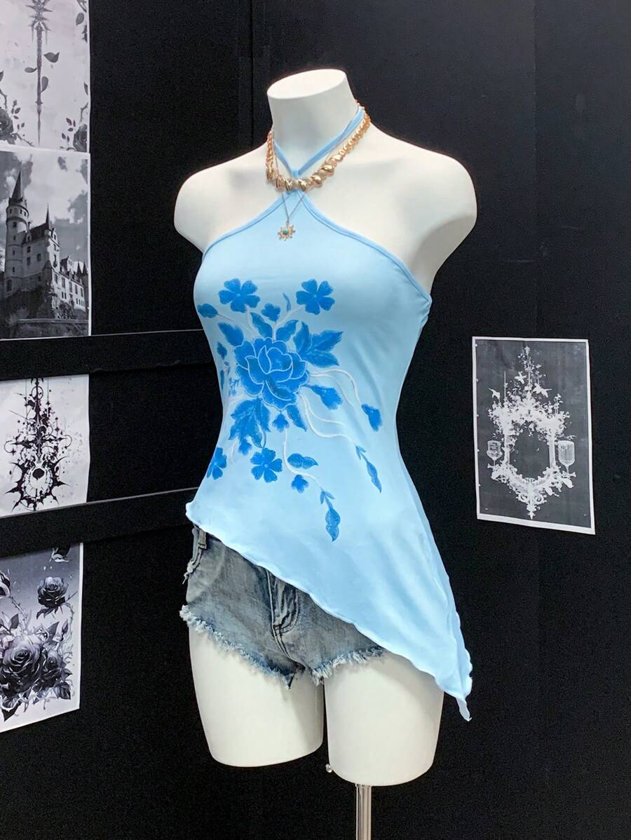 EgrlEra - Camiseta sin mangas con cuello halter, asimétrica, estilo sexy y bordado falso para mujer