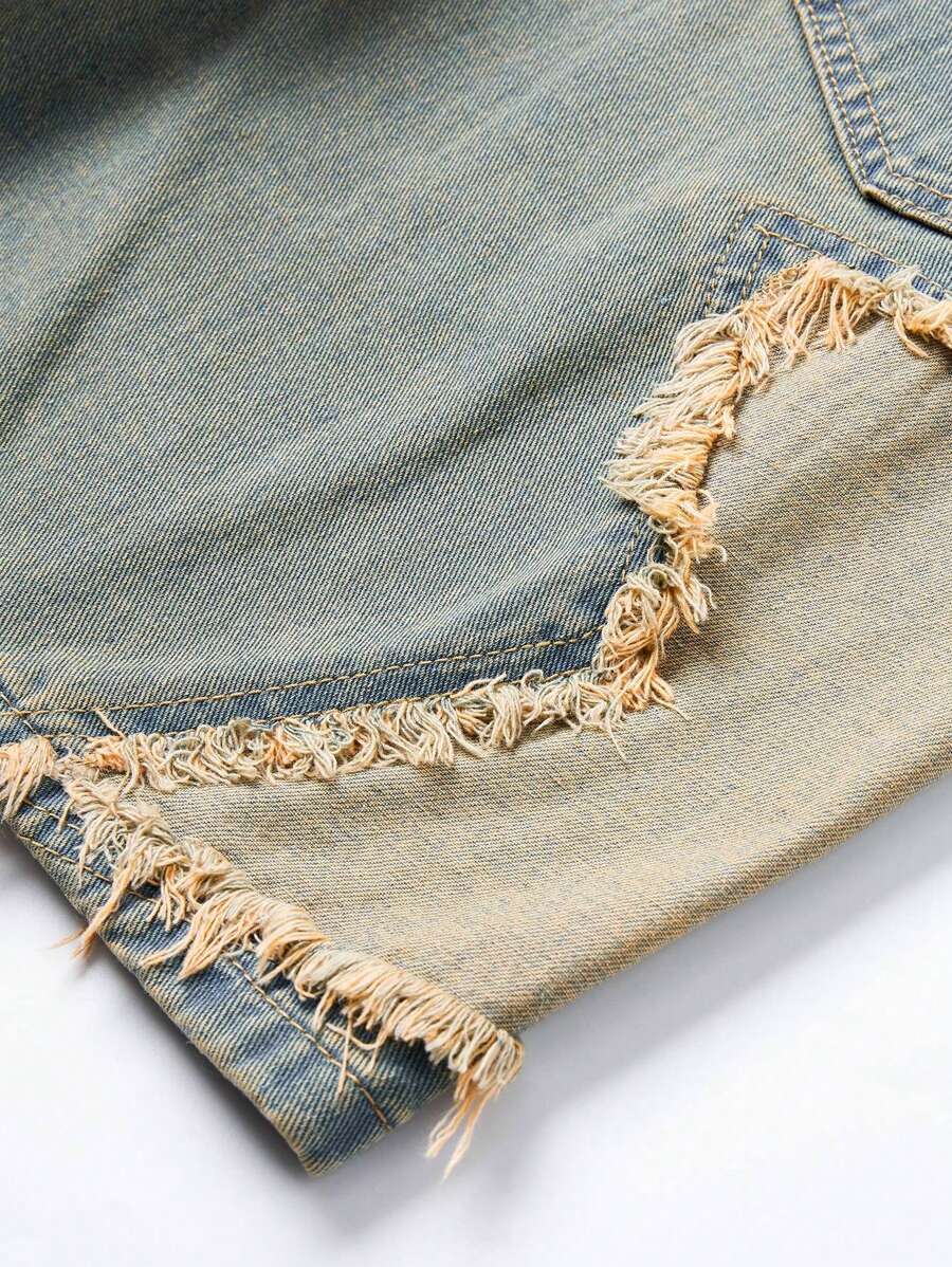 ROMWE MEN Street Life - Pantalones cortos vaqueros casuales versátiles con bolsillo y flecos de estrella de cinco puntas para hombre