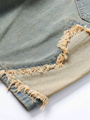 ROMWE MEN Street Life - Pantalones cortos vaqueros casuales versátiles con bolsillo y flecos de estrella de cinco puntas para hombre