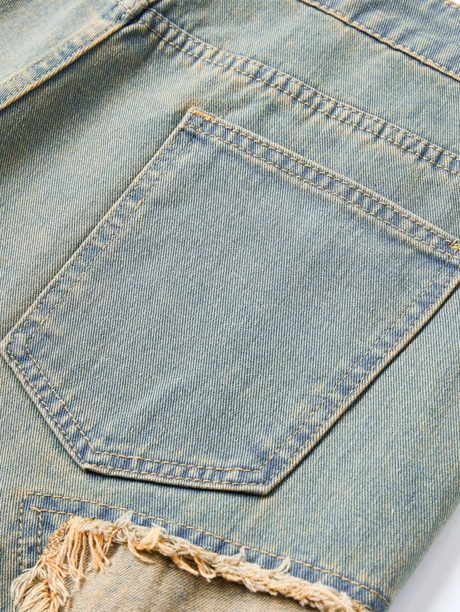 ROMWE MEN Street Life - Pantalones cortos vaqueros casuales versátiles con bolsillo y flecos de estrella de cinco puntas para hombre
