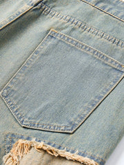 ROMWE MEN Street Life - Pantalones cortos vaqueros casuales versátiles con bolsillo y flecos de estrella de cinco puntas para hombre