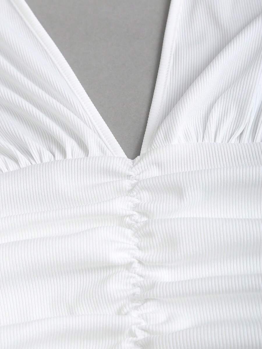Vestido corto Sweetra de punto negro con cuello en V, espalda abierta, bajo con volantes y cintura fruncida, elegante e informal para mujer, primavera y verano.