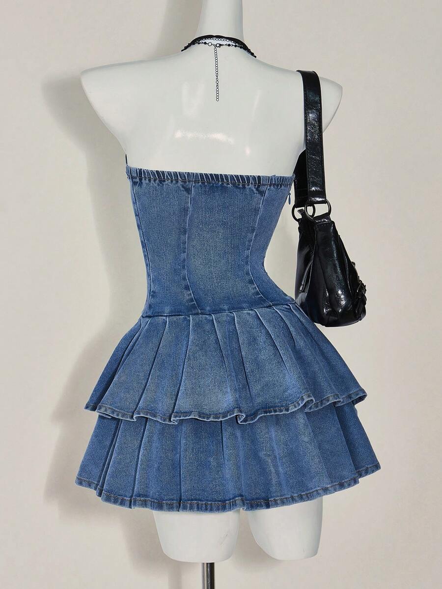 Vestido tubo vaquero con volantes en el bajo para mujer de ICON