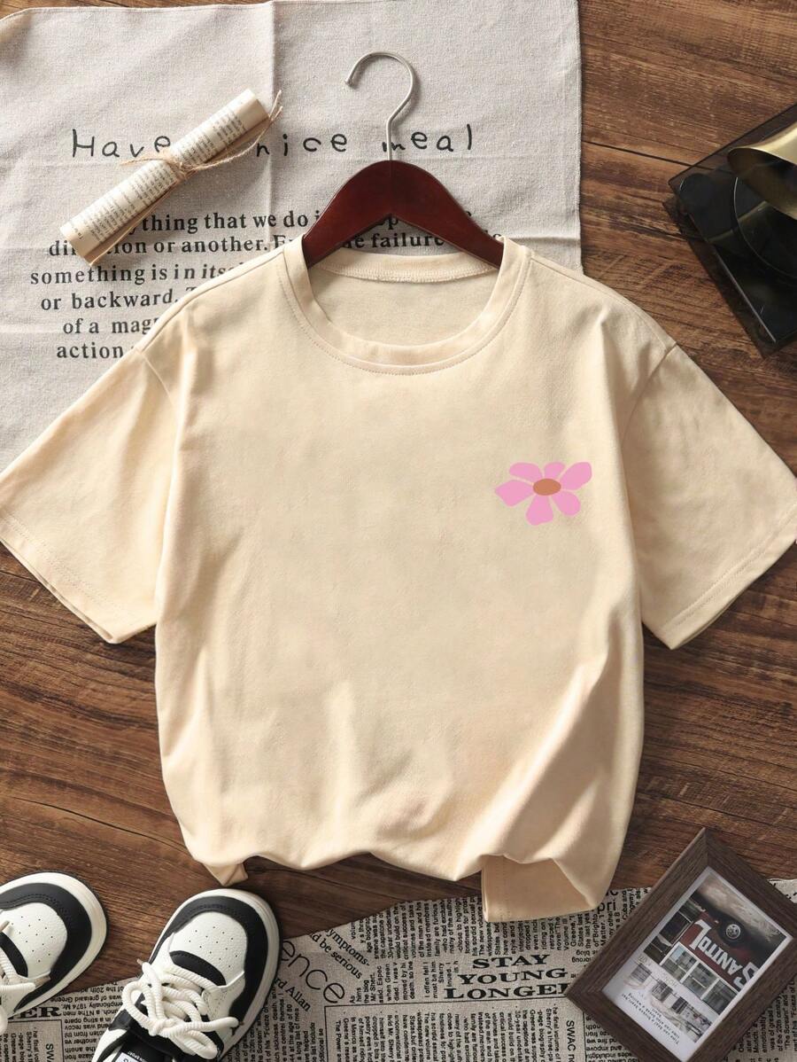 Camiseta de manga corta con estampado floral para niña, top informal de verano para adolescentes, cómoda y a la moda para estudiantes jóvenes.