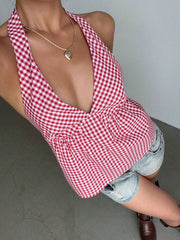 Blusa elegante de Aloruh para mujer, estilo informal, para ir de negocios, para ir al trabajo, sencilla y bonita, estilo Y2K, sin mangas, para oficina, para salir, con cuello halter y cuadros rojos y blancos.