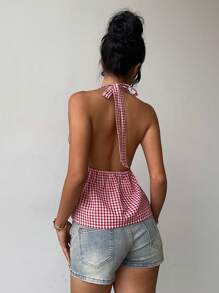Blusa elegante de Aloruh para mujer, estilo informal, para ir de negocios, para ir al trabajo, sencilla y bonita, estilo Y2K, sin mangas, para oficina, para salir, con cuello halter y cuadros rojos y blancos.