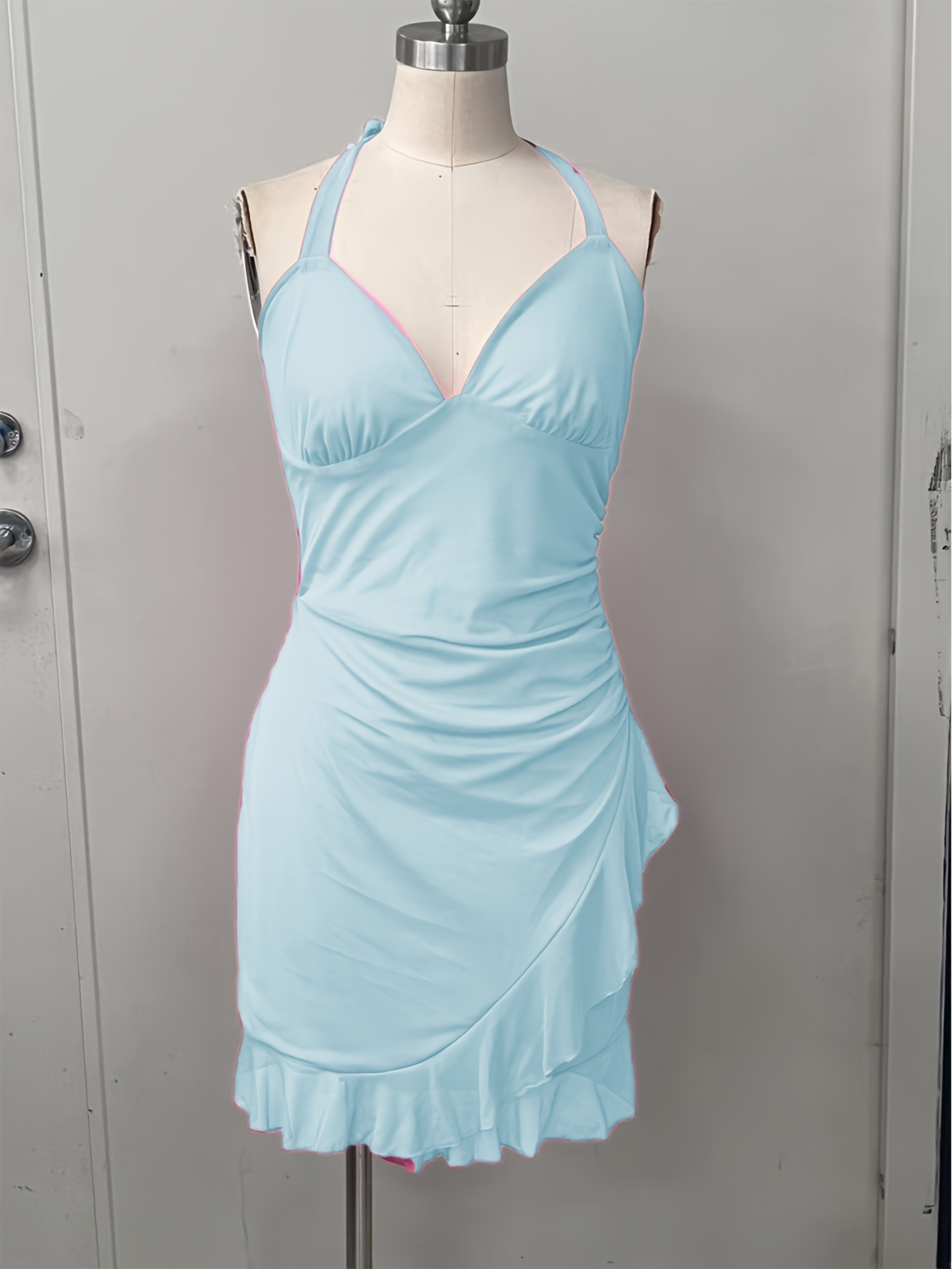 TECCULI Sweetina Y2k Vestido corto rosa de verano con cuello halter, volantes y malla transparente, vestidos pastel para mujer