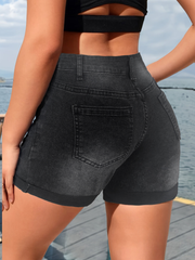 Shorts vaqueros ajustados y elásticos de cintura media TECCULI para mujer, primavera/verano, con dobladillos doblados. Shorts vaqueros versátiles de cintura media para vacaciones.