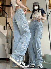 Pantalones TECCULI para mujer, de pierna ancha, con parches y bolsillos, corte holgado, lavados a la piedra