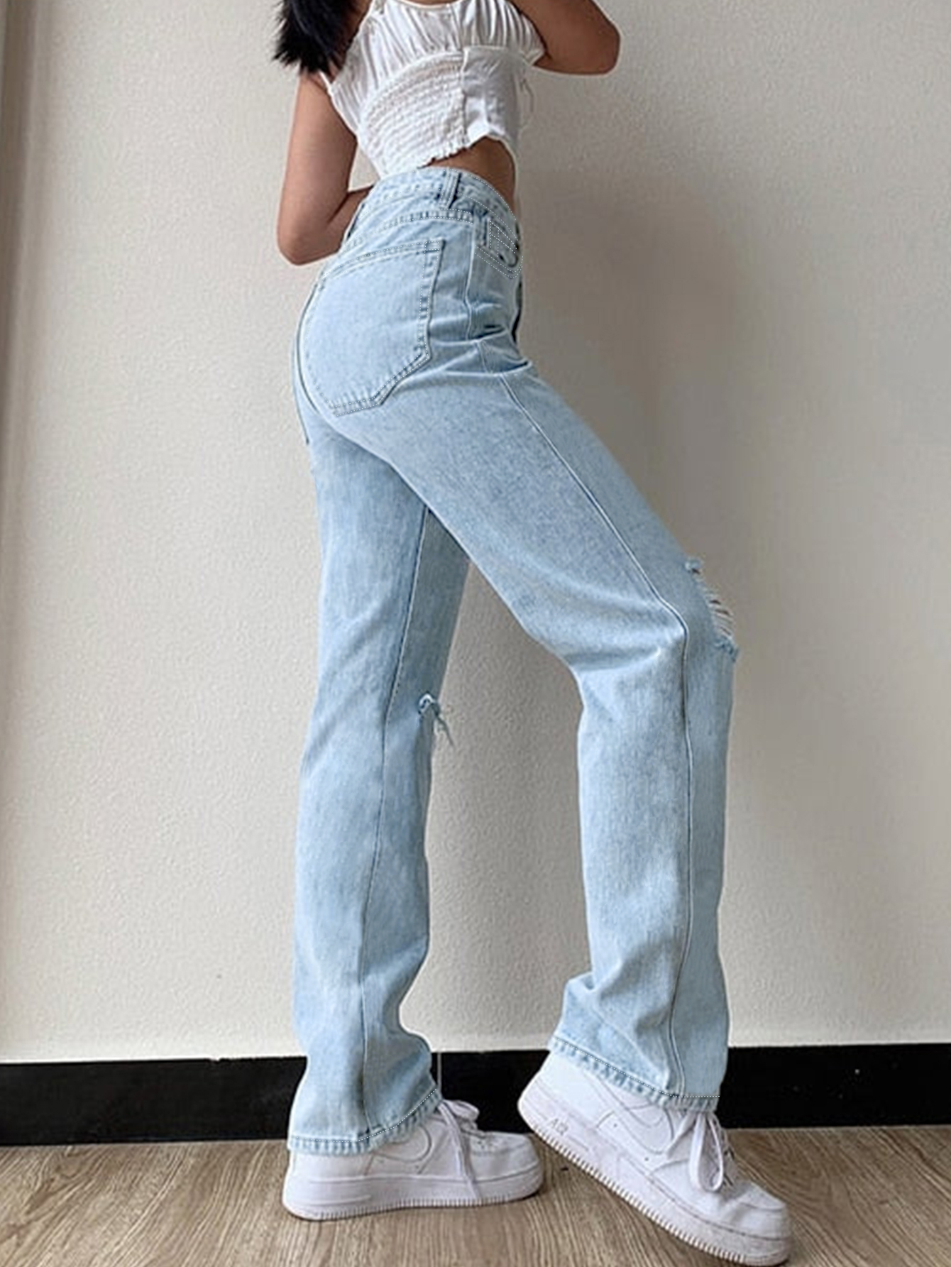 TECCULI - Vaqueros desgastados y elásticos para mujer, pantalones largos informales de primavera/verano