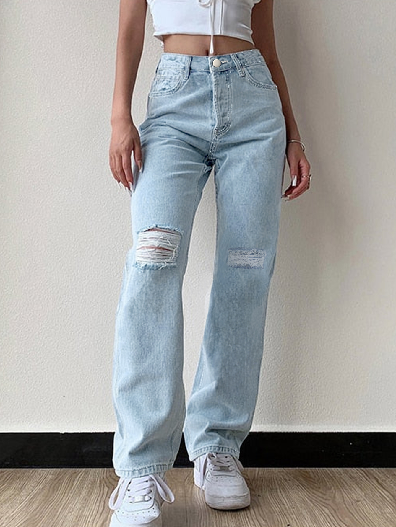 TECCULI - Vaqueros desgastados y elásticos para mujer, pantalones largos informales de primavera/verano