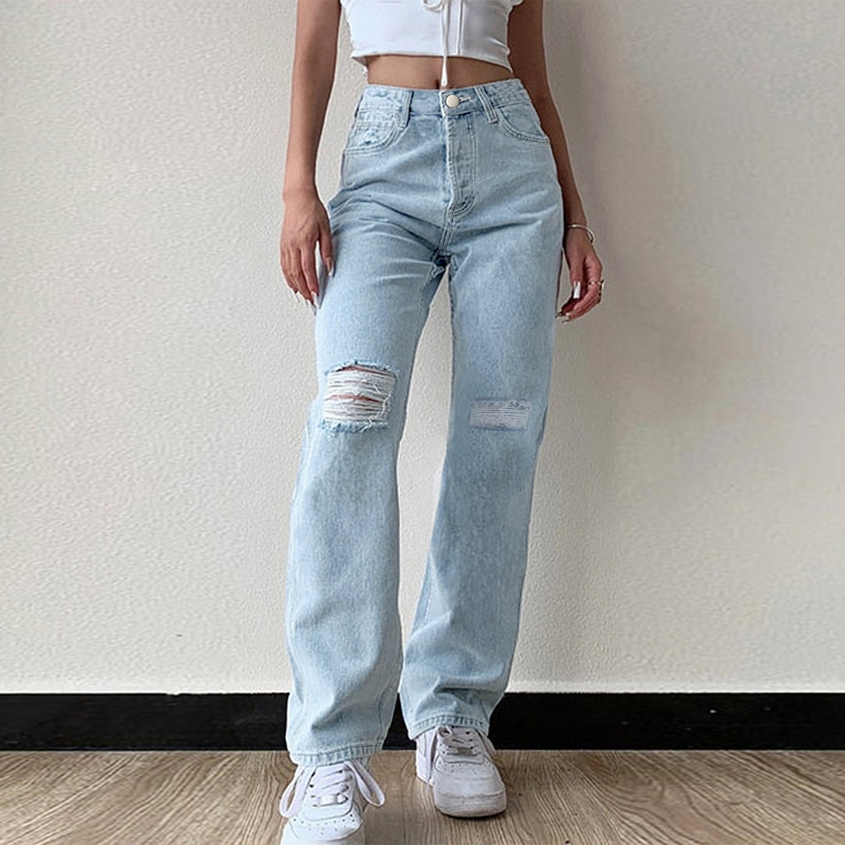 TECCULI - Vaqueros desgastados y elásticos para mujer, pantalones largos informales de primavera/verano