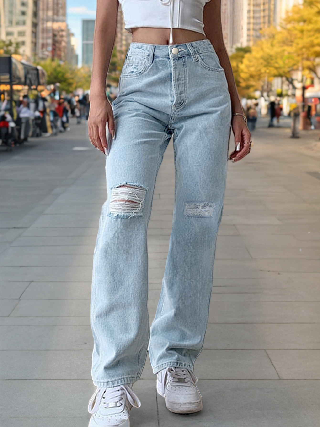 TECCULI - Vaqueros desgastados y elásticos para mujer, pantalones largos informales de primavera/verano