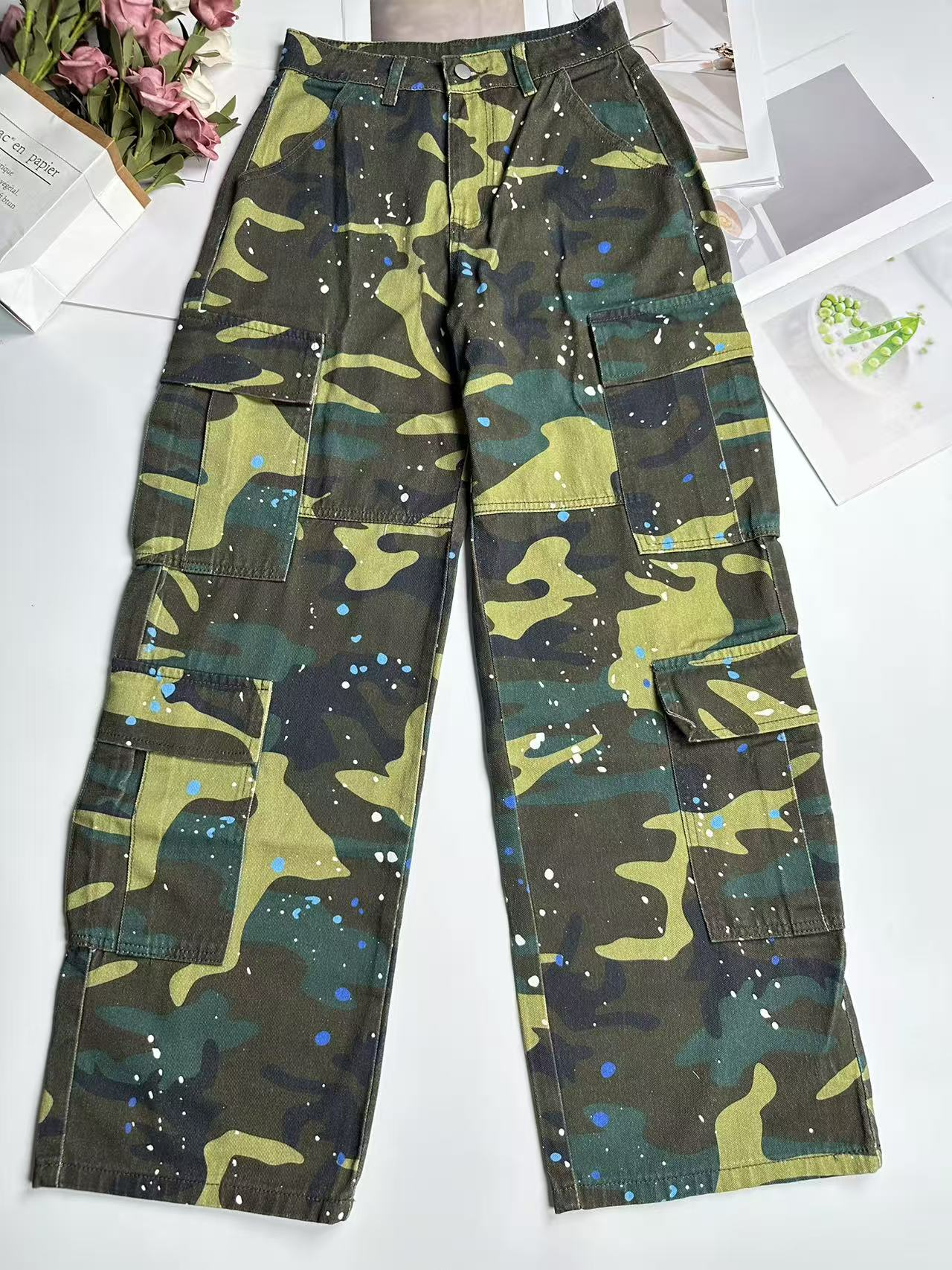 Vaqueros de mezclilla de camuflaje TECCULI estilo callejero americano casual de moda juvenil