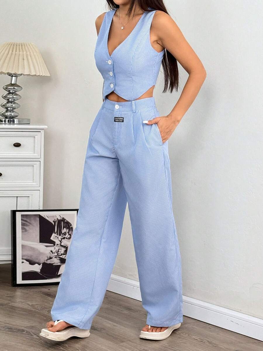 Conjunto de traje de lino de verano para mujer de EZwear, con chaleco y pantalón largo holgado, de un solo pecho y color liso